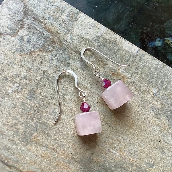 Rose Quartz Cube earrings with Fushcia Pink Swarovski Crystal Drop Earrings 