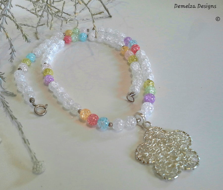 Crackle  Quartz Sterling Silver Flower Necklace