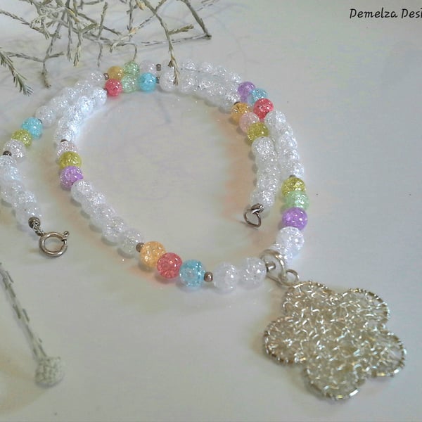 Crackle  Quartz Sterling Silver Flower Necklace