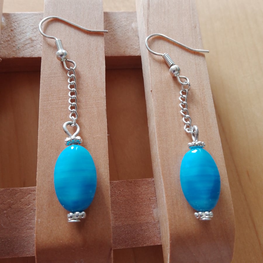 Handmade Blue Czech Glass & Silver Plated Chain Dangle Drop Earrings