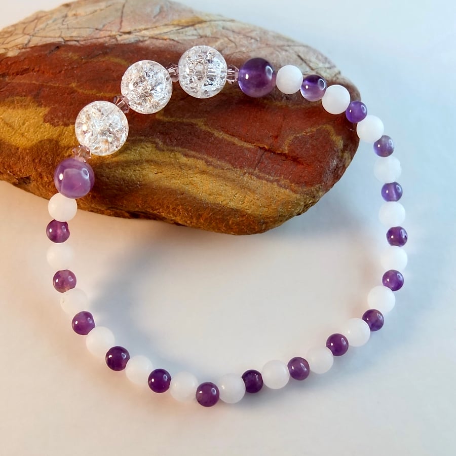 Crackle Quartz And Amethyst Bracelet With Swarovski Crystals - Handmade In Devon