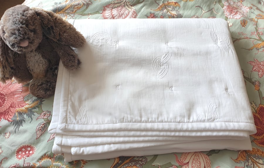 Personalised Handcrafted Baby Quilt – White with Rainbow & Moon Embroidery