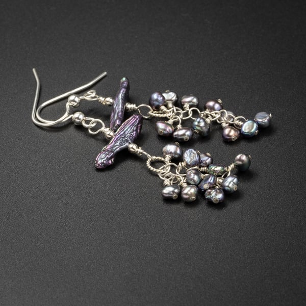  Peacock pearl cluster long drop earrings, natural pearl drops, pearl jewelry 