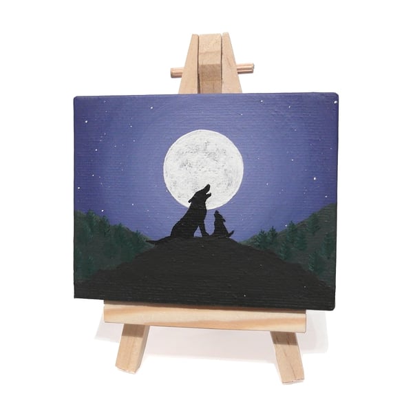 Wolf and Cub Miniature Painting - father's day gift of original acrylic art