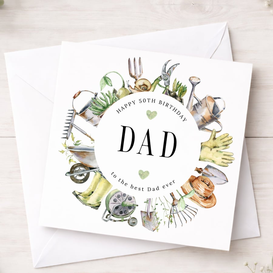 Dad 50th Gardening Card - Watercolour Milestone Birthday Card For Nature Lover