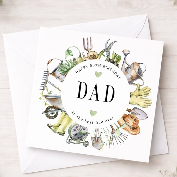 Dad 50th Gardening Card - Watercolour Milestone Birthday Card For Nature Lover