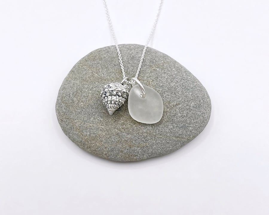 Cornish Sea Glass and Silver Coated Strawberry Top Shell Necklace - White