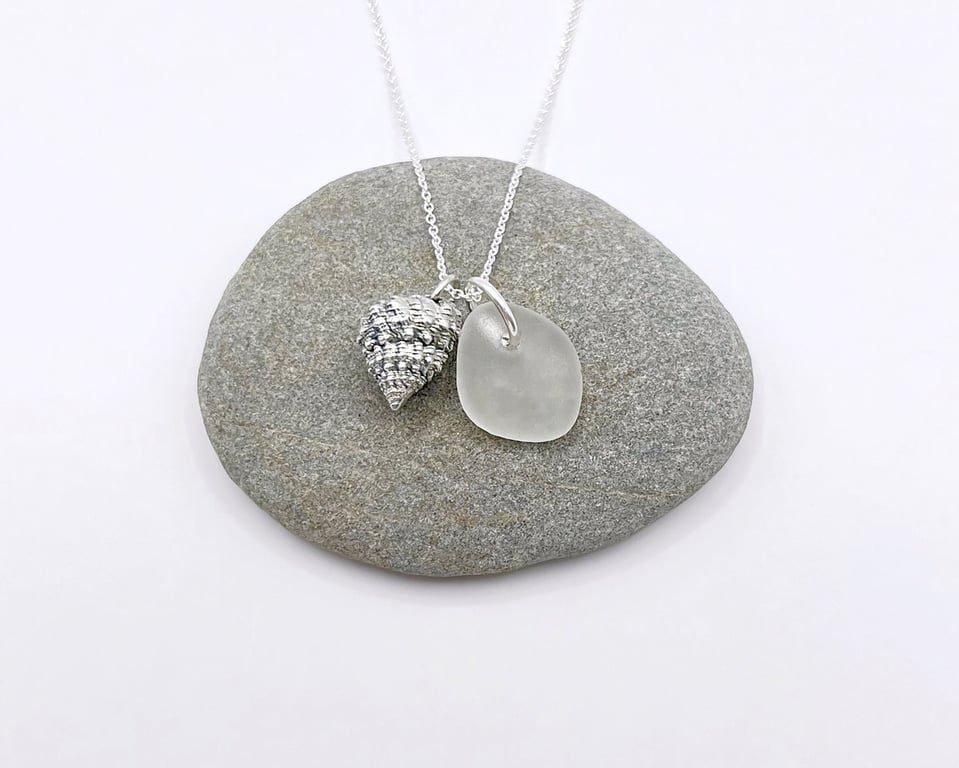 Cornish Sea Glass and Silver Coated Strawberry Top Shell Necklace - White