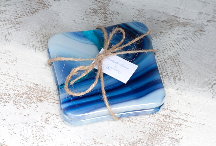 Fused Glass Coasters - Blue Art Glass with Turquoise Swirl