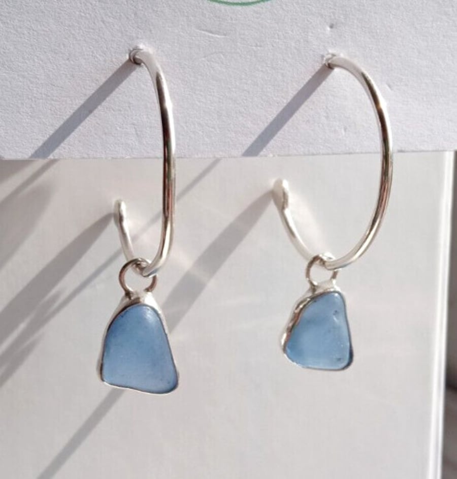 Blue Seaglass Hoop Earrings Sterling Silver Jewellery Gift in Box