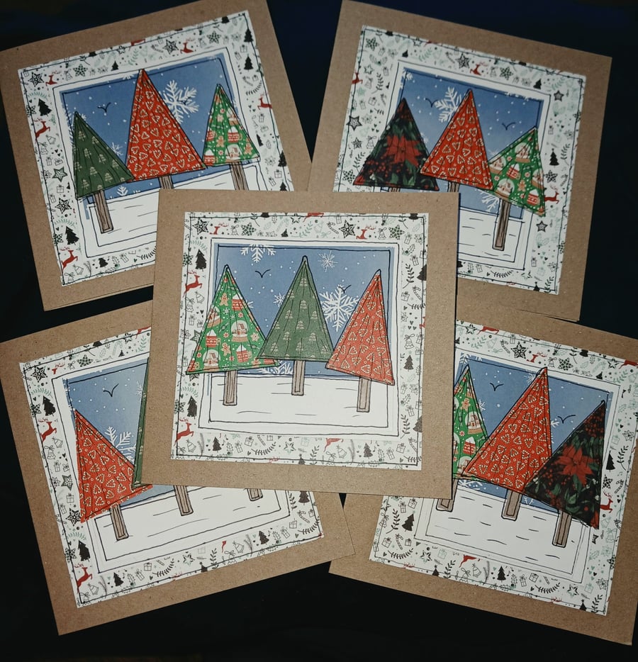 Quirky art set of 5 beautiful handmade Christmas tree blank cards and envelopes