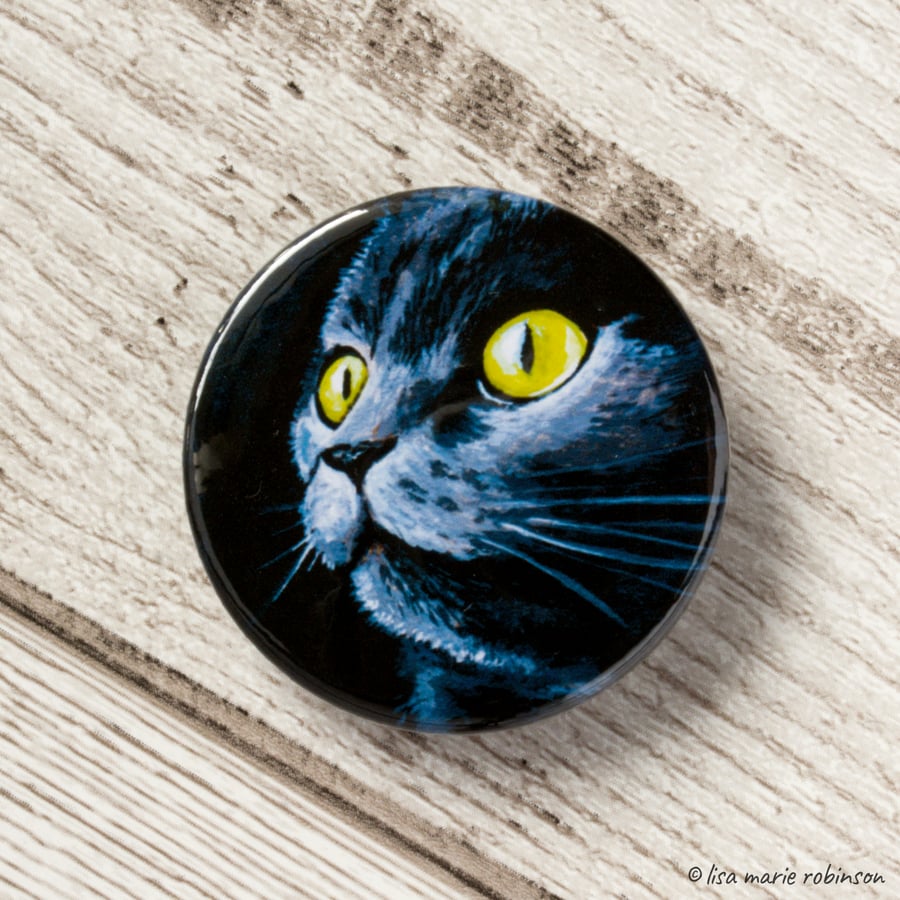 Dark Grey Cat Yellow Eyes Kitty Button Badge - 38mm