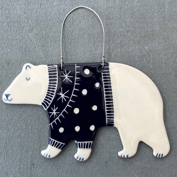 Ceramic Polar Bear with dark blue jumper  Decoration