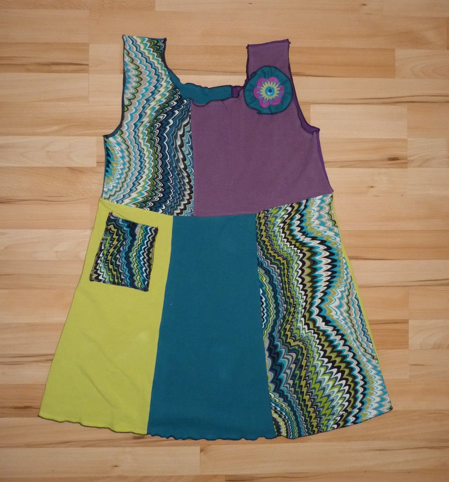Tunic Top from Up-cycled T-Shirts. Womens Medium to Large. Purple and Green.