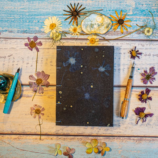 A5 Journal, Tea Bag Paper Cyanotype Prints with Cosmos From My Garden (054)
