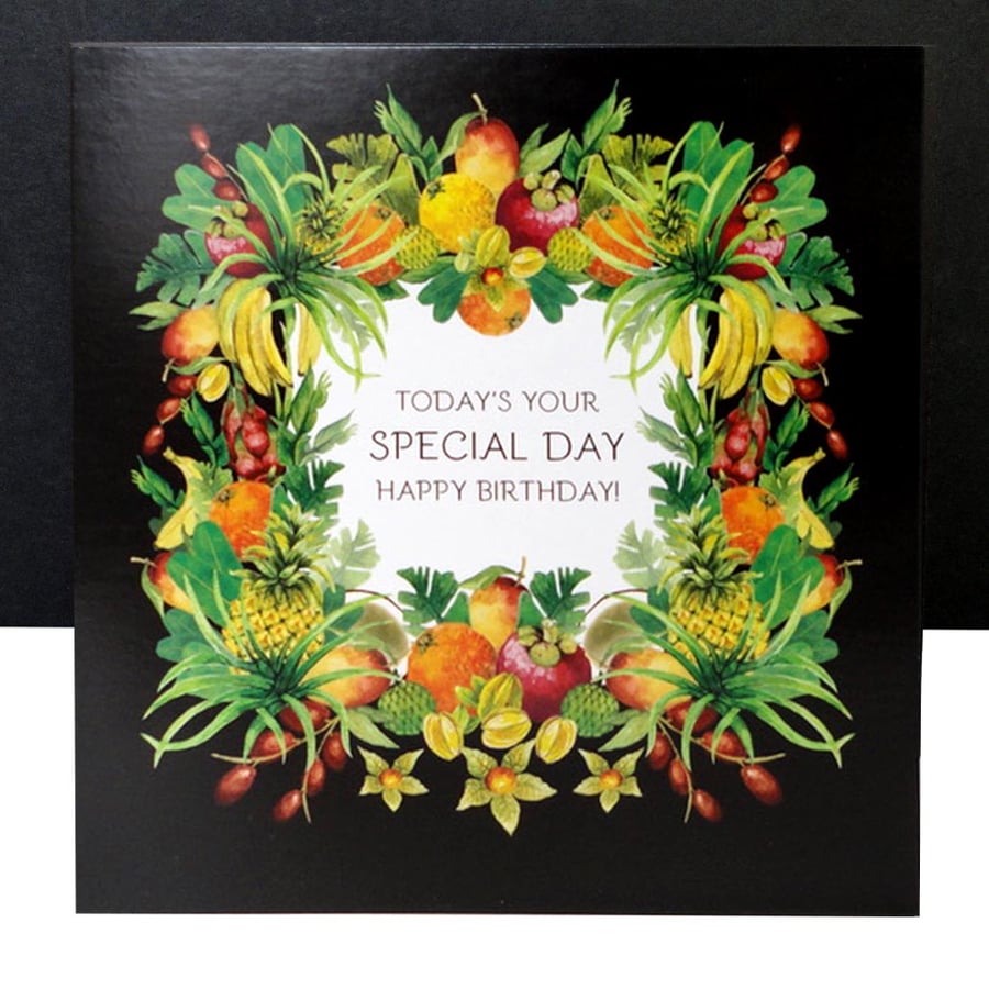 Happy Birthday Tropical Fruit Feast Hand Painted Card. 