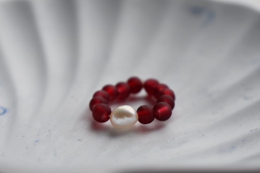 Red Beaded Necklace with a Centred White Freshwater Pearl