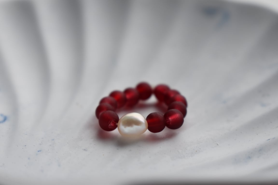 Red Beaded Necklace with a Centred White Freshwater Pearl