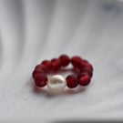 Red Beaded Necklace with a Centred White Freshwater Pearl