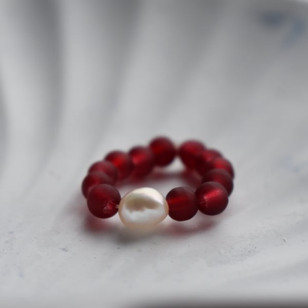 Red Beaded Necklace with a Centred White Freshwater Pearl