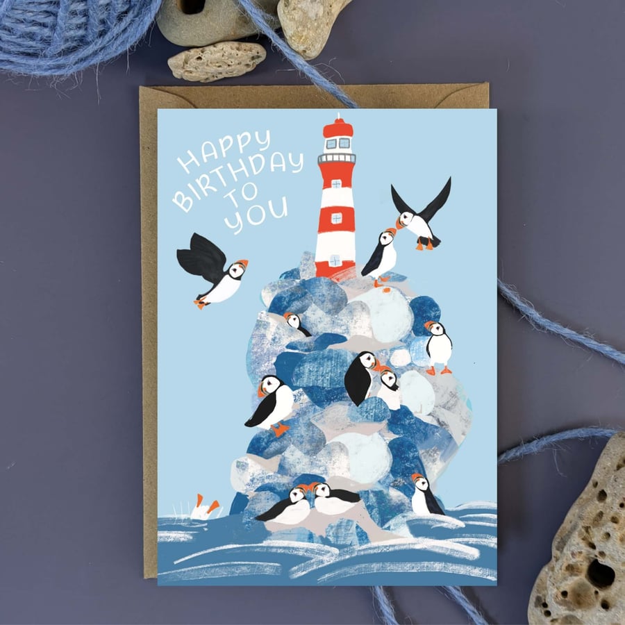 Happy Birthday Card Puffin coastal lighthouse blank inside