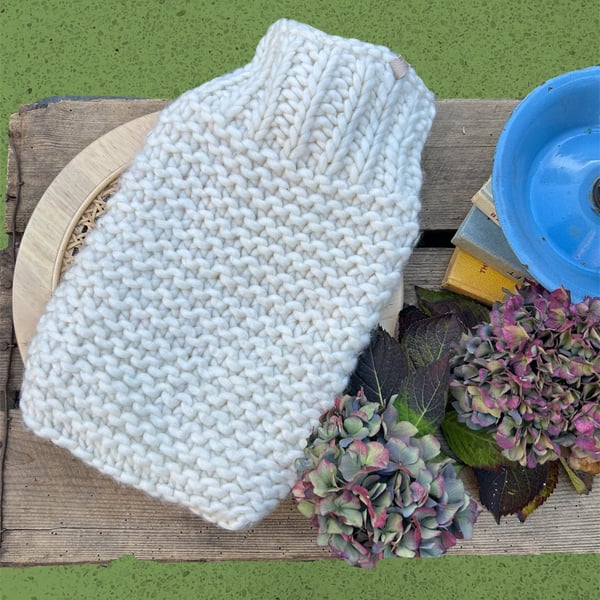 Hand knitted merino wool hot water bottle