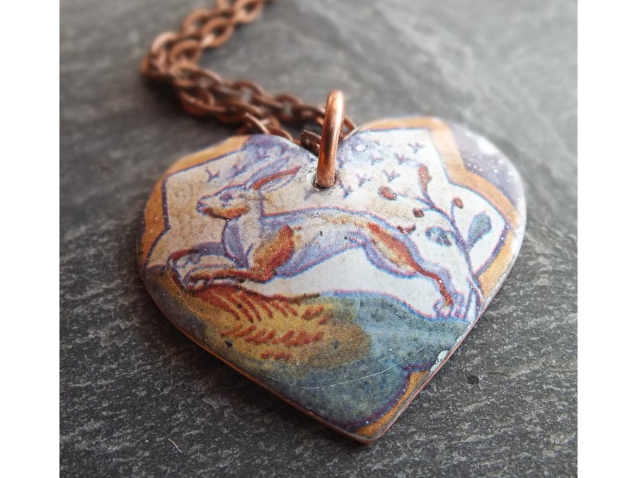 Leaping Hare heart shaped enamel pendant