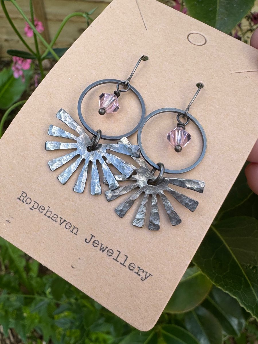 Vintage Sunburst Earrings with Pale Pink Crystals Handmade in Cornwall
