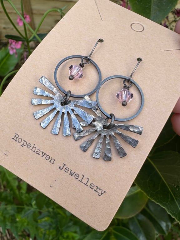 Vintage Sunburst Earrings with Pale Pink Crystals Handmade in Cornwall