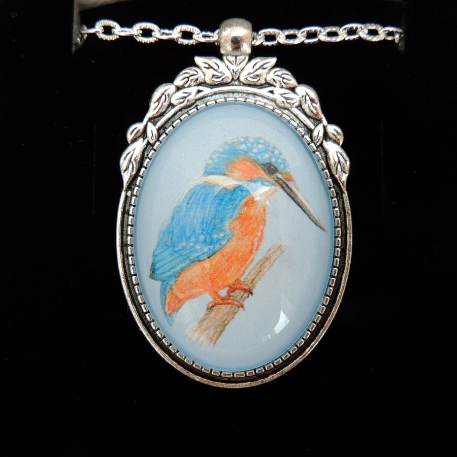 Kingfisher Pendant Necklace - Silver Leaf Style