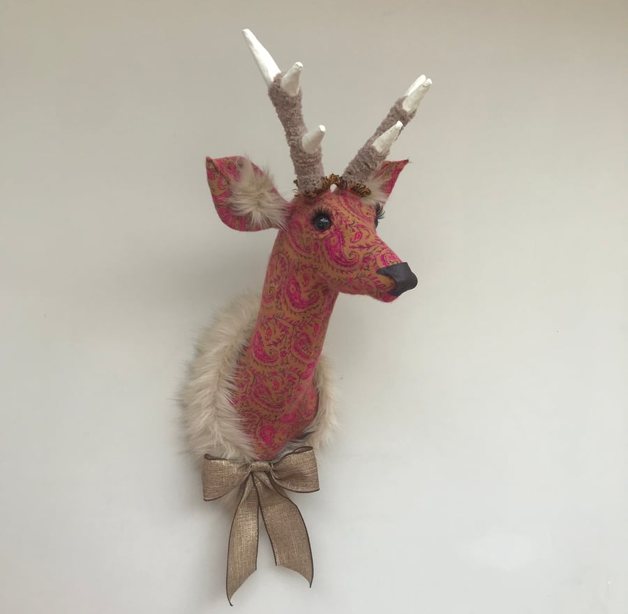 Handmade faux taxidermy paisley pink stag wall mount animal head
