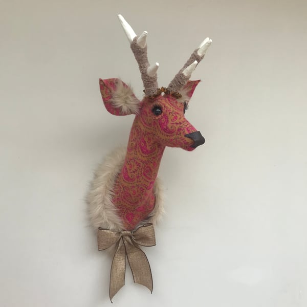 Handmade faux taxidermy paisley pink stag wall mount animal head