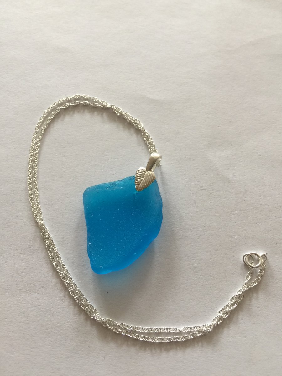 Sterling Silver Necklace with bright blue sea glass pendant