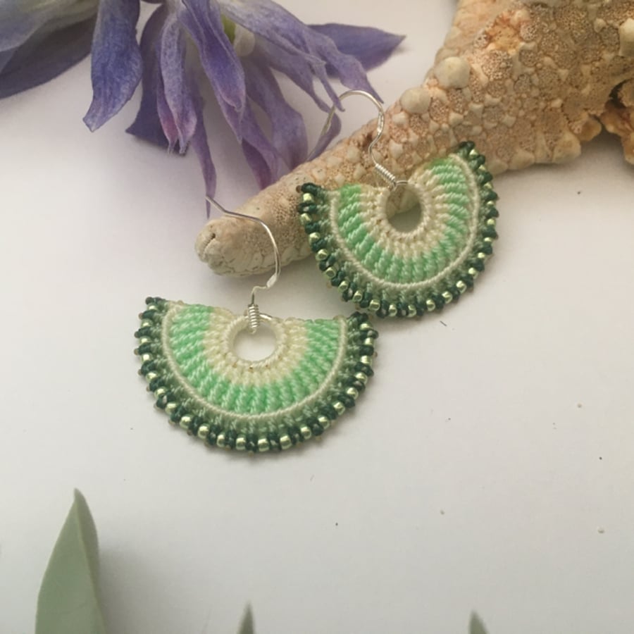 Earrings, micro macrame boho green beaded earrings