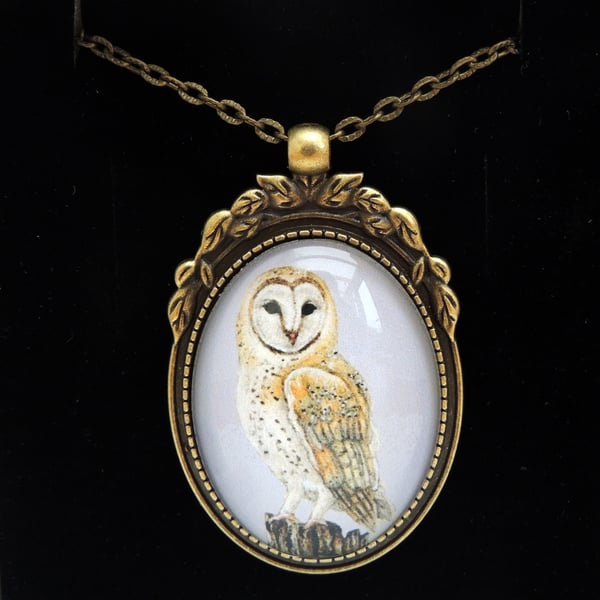 Barn Owl Pendant Necklace - Bronze Leaf Style 