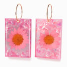Pink Iridescent Flower Resin Dangle Earrings with Gold Hoops