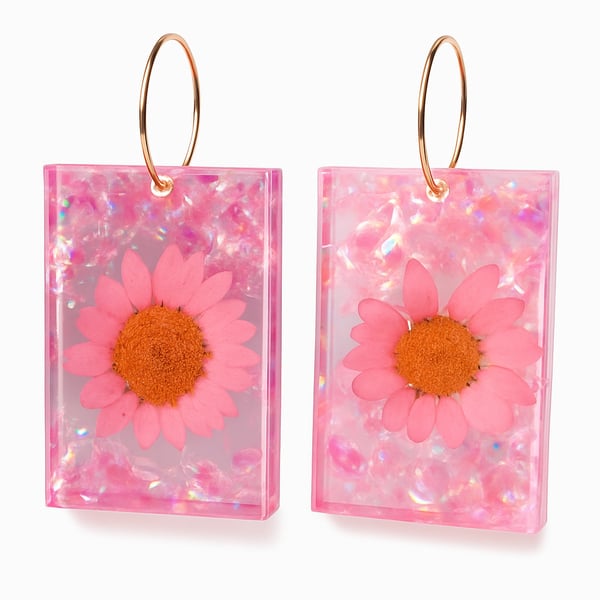 Pink Iridescent Flower Resin Dangle Earrings with Gold Hoops
