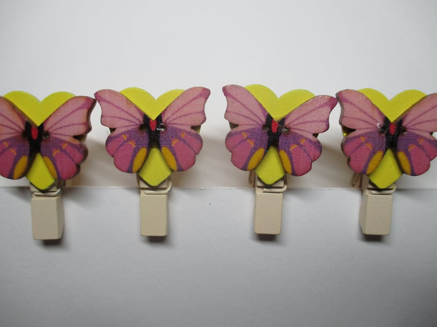 Butterfly on Love Heart Peg Clip Mini Peg Set of four yellow pink lilac