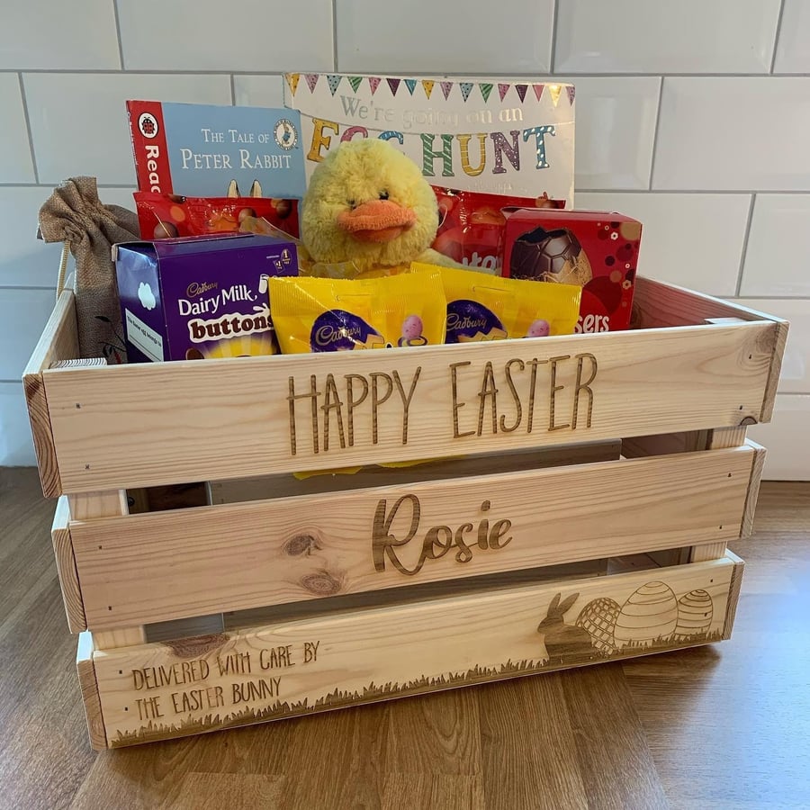 Personalised Easter Bunny Gift Crate Ideal for Chocolate, Eggs, Presents - Laser