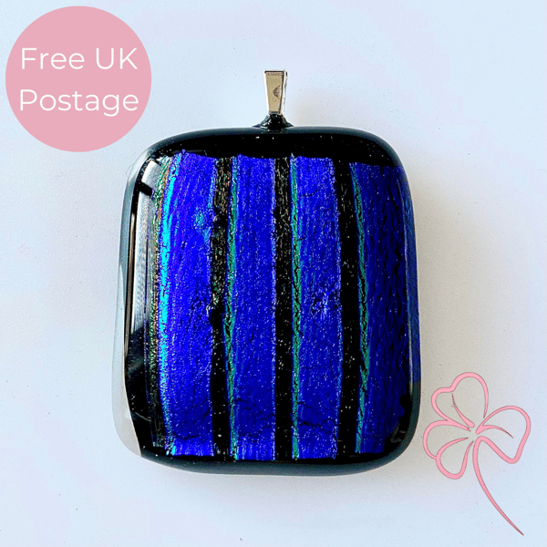 Blue Stripe Dichroic Glass Pendant Necklace 