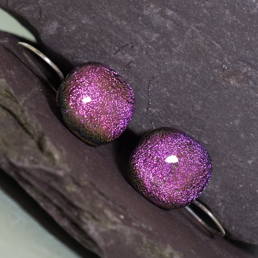 Pink Dichroic Fused Glass Earrings on Silver Wires - 2039