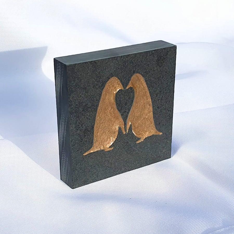 Cute Penguins, Valentine's Day, Hand Carved Ornament, Gold & Slate Paperweight