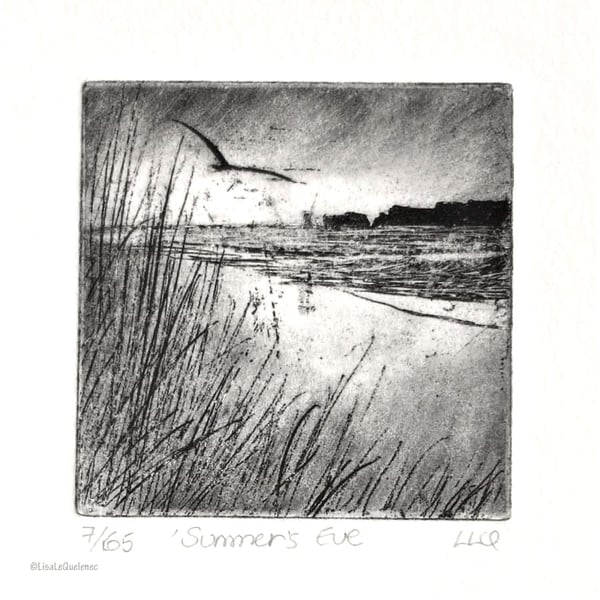 Summer evening beach etching print no.7 old harry dorset