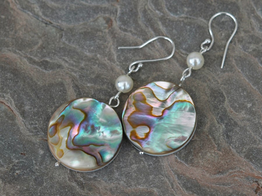 Sterling silver, Paua Shell and Pearl Drop Earrings,  E111