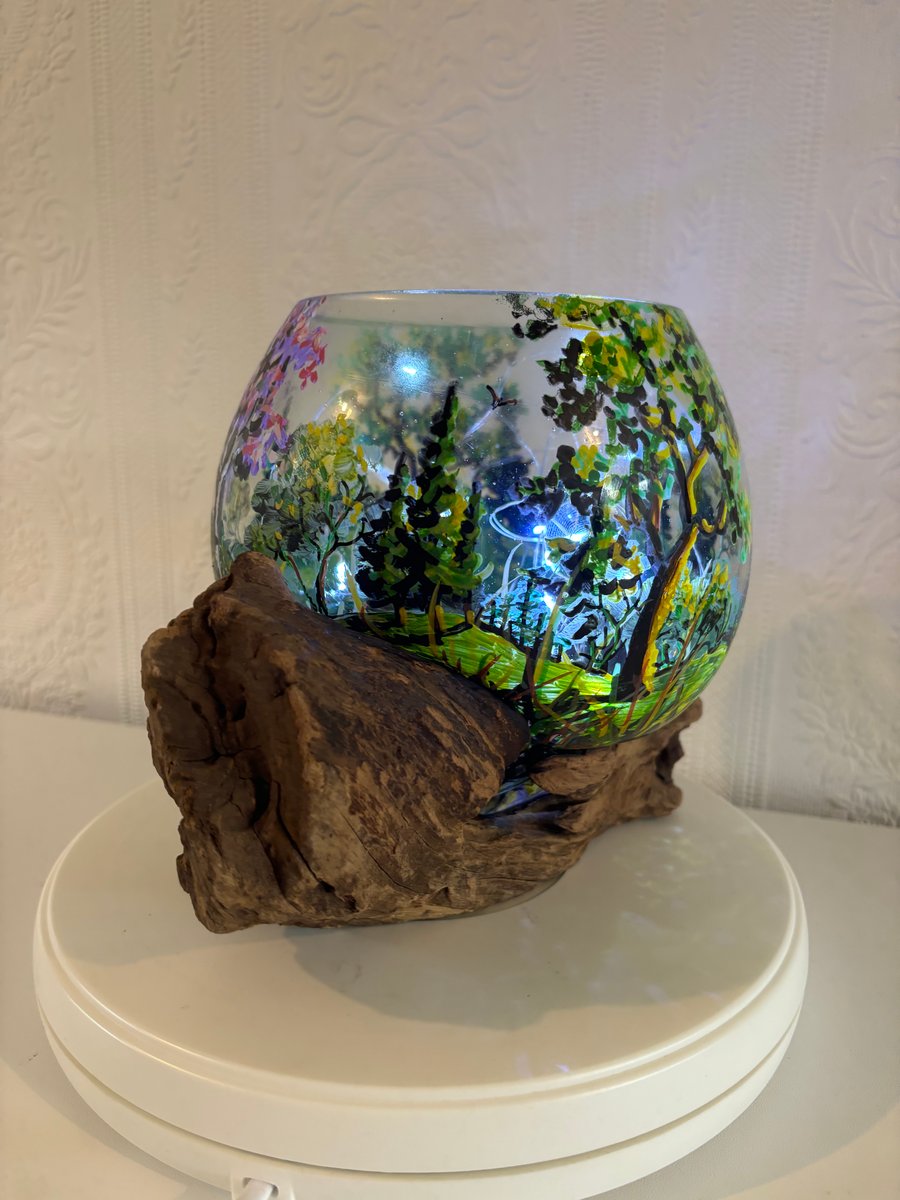 A hand painted glass bowl on driftwood by Andrew Jenkins