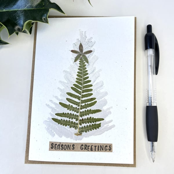 Hand Painted Real Pressed Ferns Christmas Tree Christmas Card