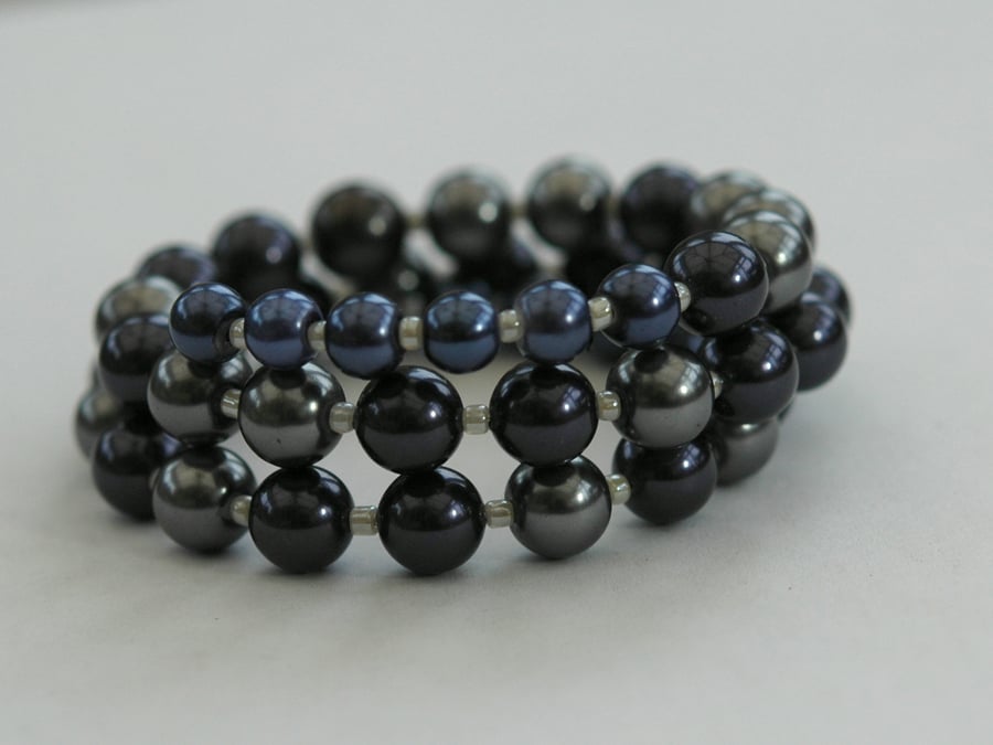 Grey and Blue Pearl Bead Memory Wire Wraparound Bracelet,  B55