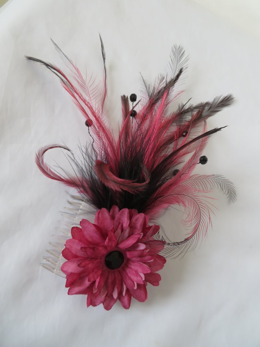 Black & Dusky Pink Feather Flower & Crystal Feather Fascinator 