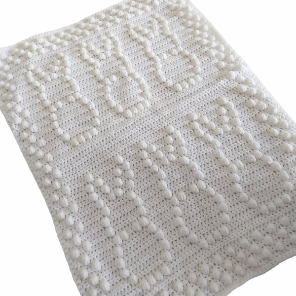 White Crocheted Baby Blanket with Bunny Detail, Baby Shower Gift, New Baby Gift