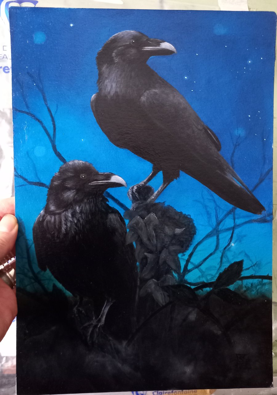 SALE! Vibrant oil painting of two ravens in a hedgerow 